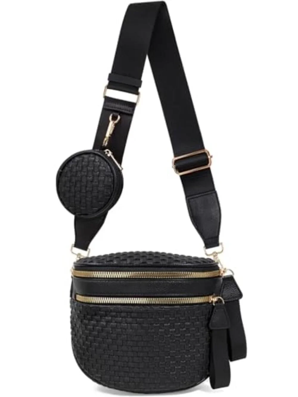 Large Woven Leather Crossbody Bag with Detachable Wallet Adjustable Strap
